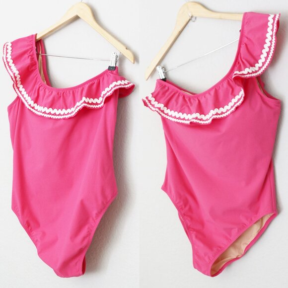 NEW J. Crew Barbie Pink Ruffled One Shoulder One Piece Swimsuit Size 14 $149 NWT - Picture 4 of 16